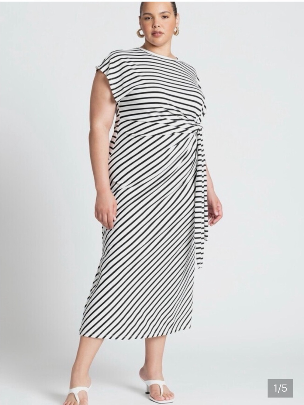 Eloquii Black & White Striped Tie-Waist Maxi Dress